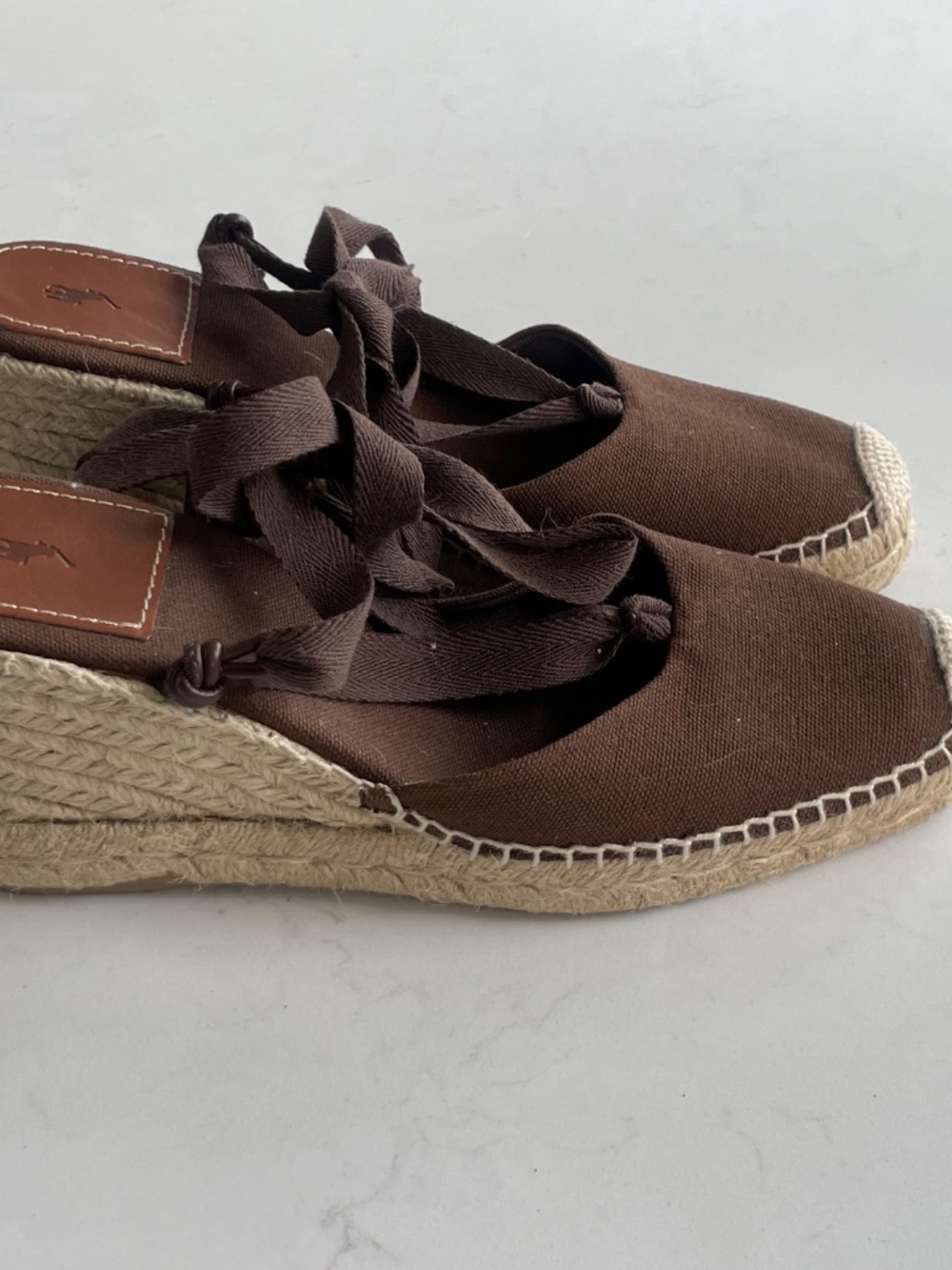 Polo Ralph Lauren Chocolate Canvas Ankle Tie Espadrille Wedges 8B